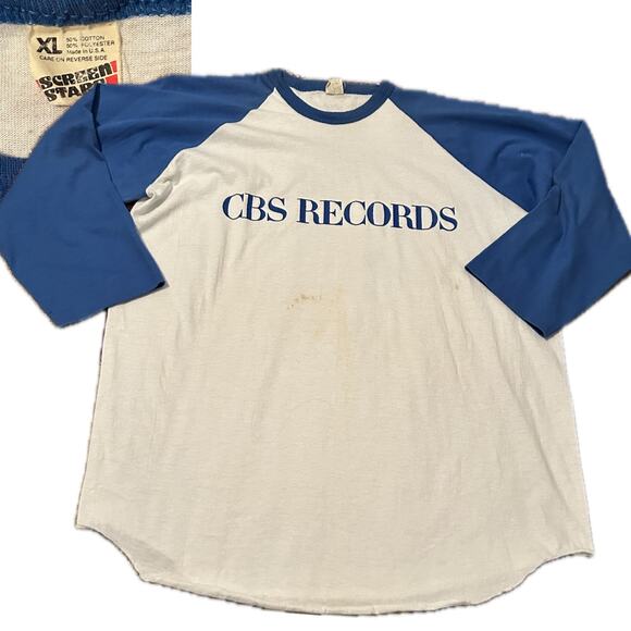 RARE 1980s CBS Records Raglan Single Stitch T Shirt USA Made / Men’s Large * - Picture 1 of 4
